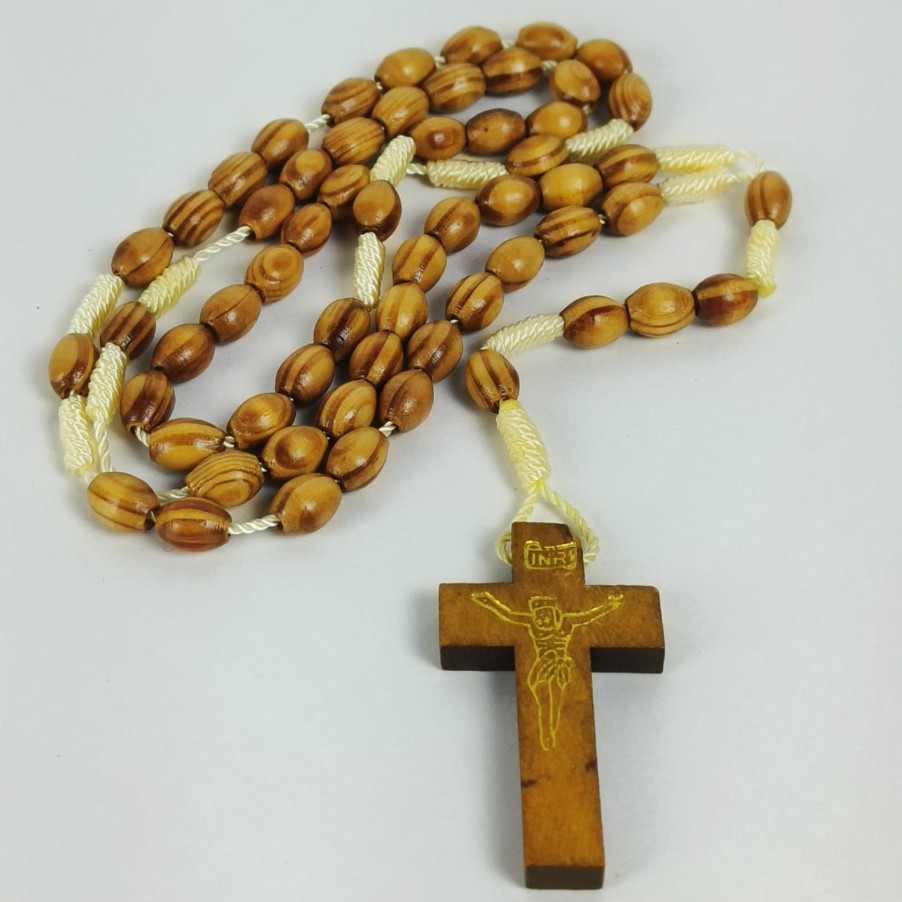 Catholic Statues Living Words | 8 X 6 Cross Wood Thread Rosary (Oval) Light Brown-R105