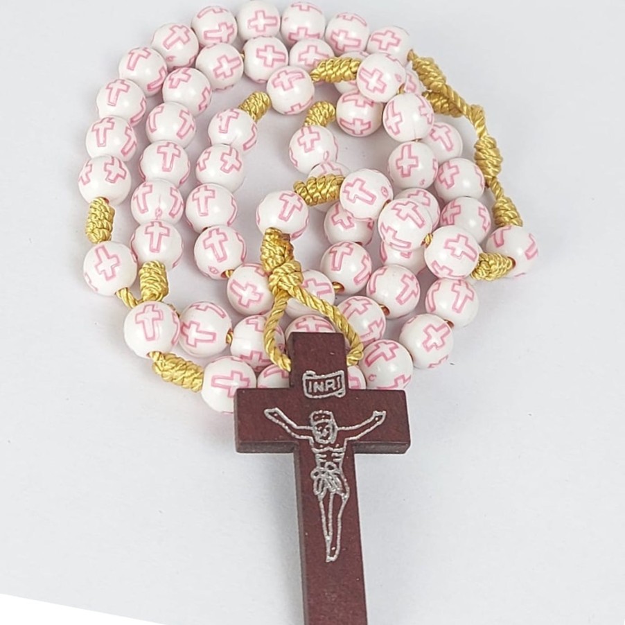 Catholic Statues Living Words | Cross Wood Thread Rosary Pink-R130