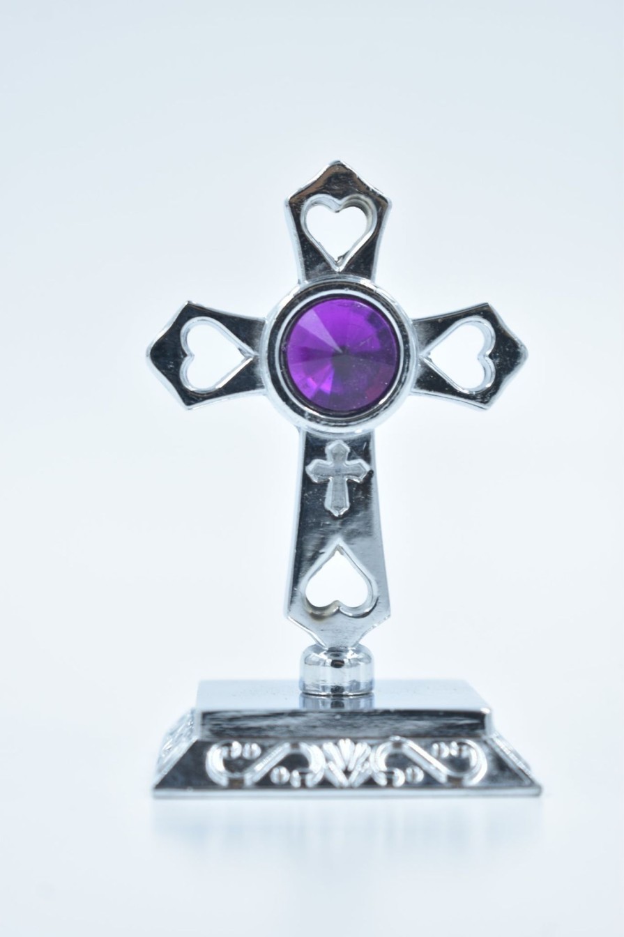 Catholic Statues Living Words | Car Cross Centre Stone-Silver&Violet