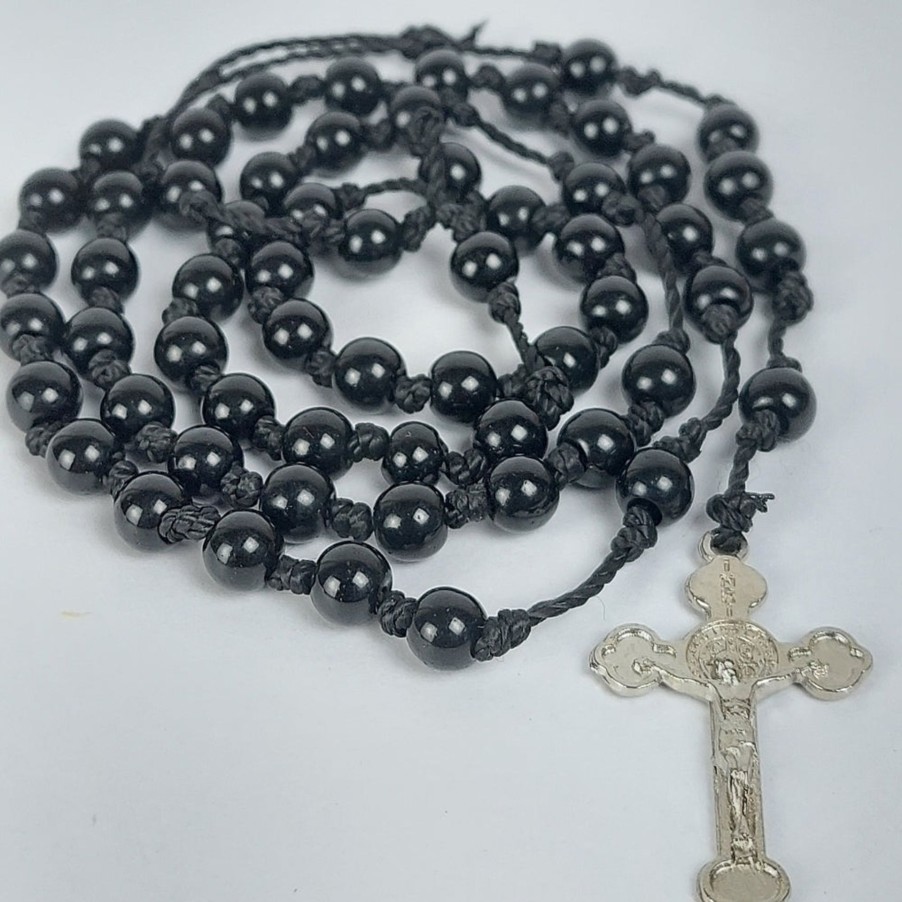 Catholic Statues Living Words | Glass Beads Thread Rosary With Metal Crucifix-Black-R113