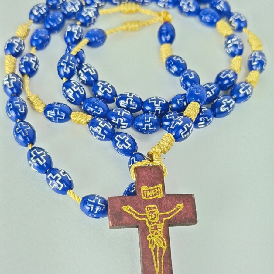 Catholic Statues Living Words | 6Mm Cross Wood Thread Rosary (Oval) Dark Blue - R138