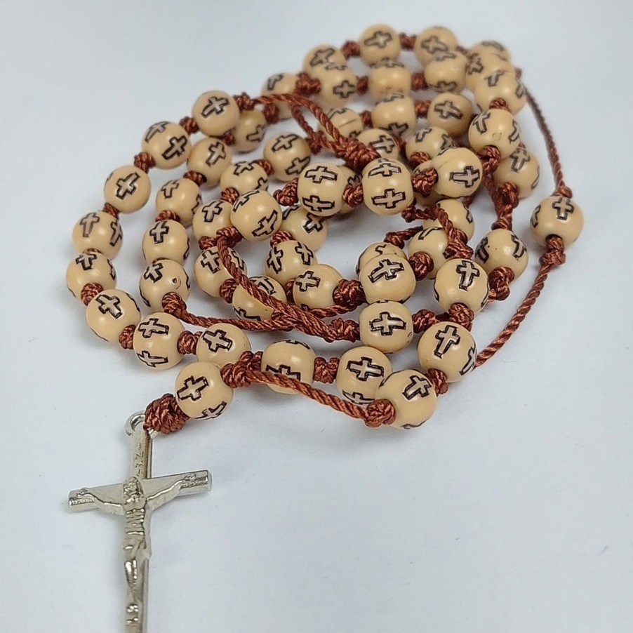 Catholic Statues Living Words | Cross Beads Thread Rosary (Round)With Metal Crucifix-Cream & Brown-R112