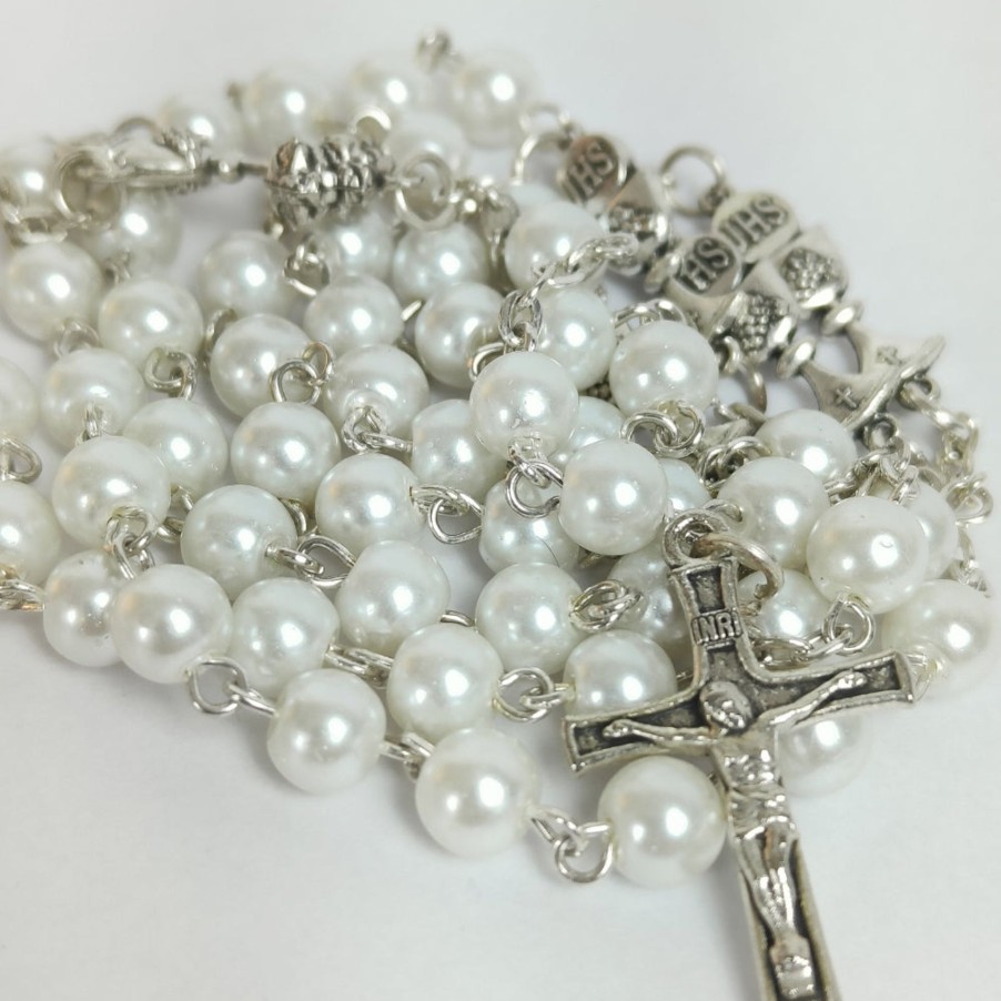 Catholic Statues Living Words | 8Mm Pearl Chalice Rosary White - R134