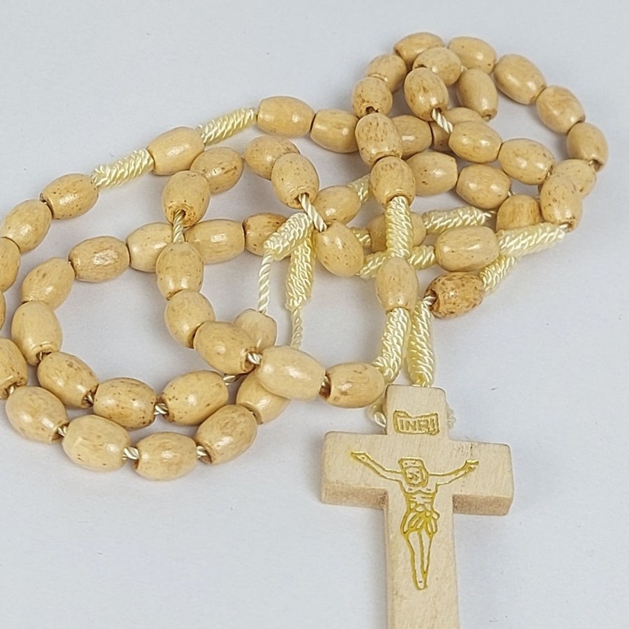 Catholic Statues Living Words | Cross Wood Thread Rosary (Oval) Light Brown-R107